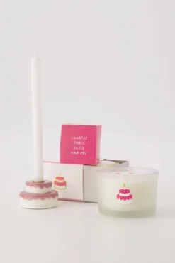 geurkaars tinnen in schuifdoosje gefeliciteerd taart wit/roze