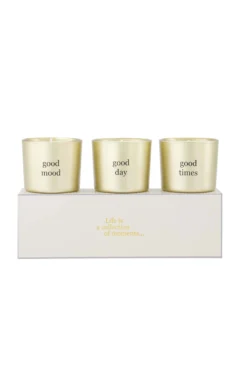 set van 3 glaskaarsjes in doosje blauw / wit / goud