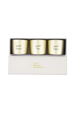 set van 3 glaskaarsjes in doosje blauw / wit / goud