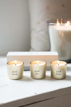 set van 3 glaskaarsjes in doosje blauw / wit / goud