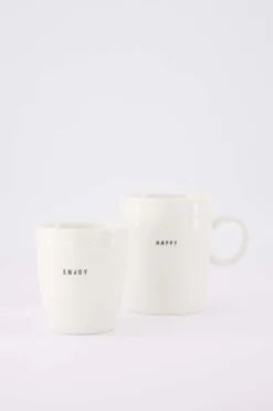 set van 2 mokken Happy & Enjoy - Theemok en koffiemok - Wit - 350ml